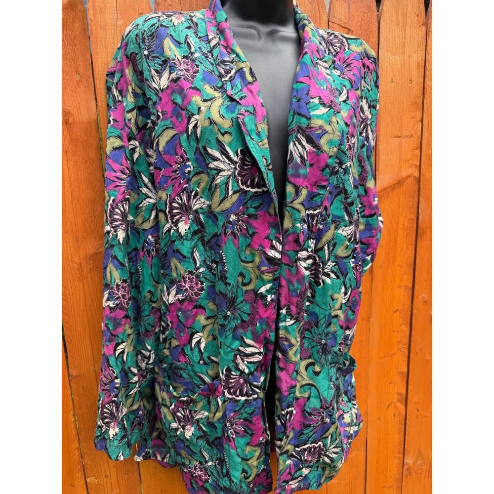 Vintage La Femme Floral Rhinestone Open Front Blazer Jacket Teal Purple Green